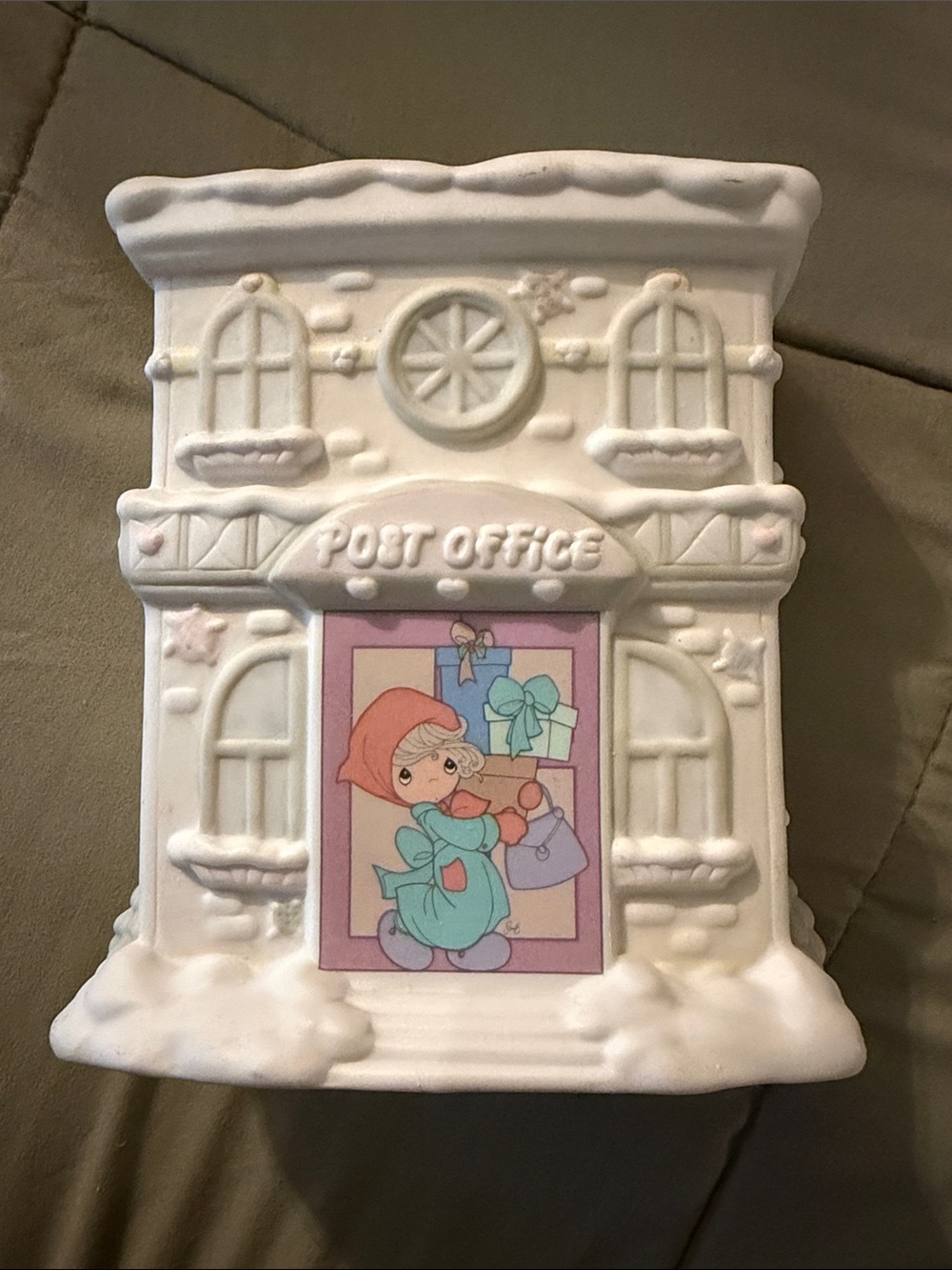 Precious Moments 1996 White Ceramic Post Office with Pink and Teal Accents